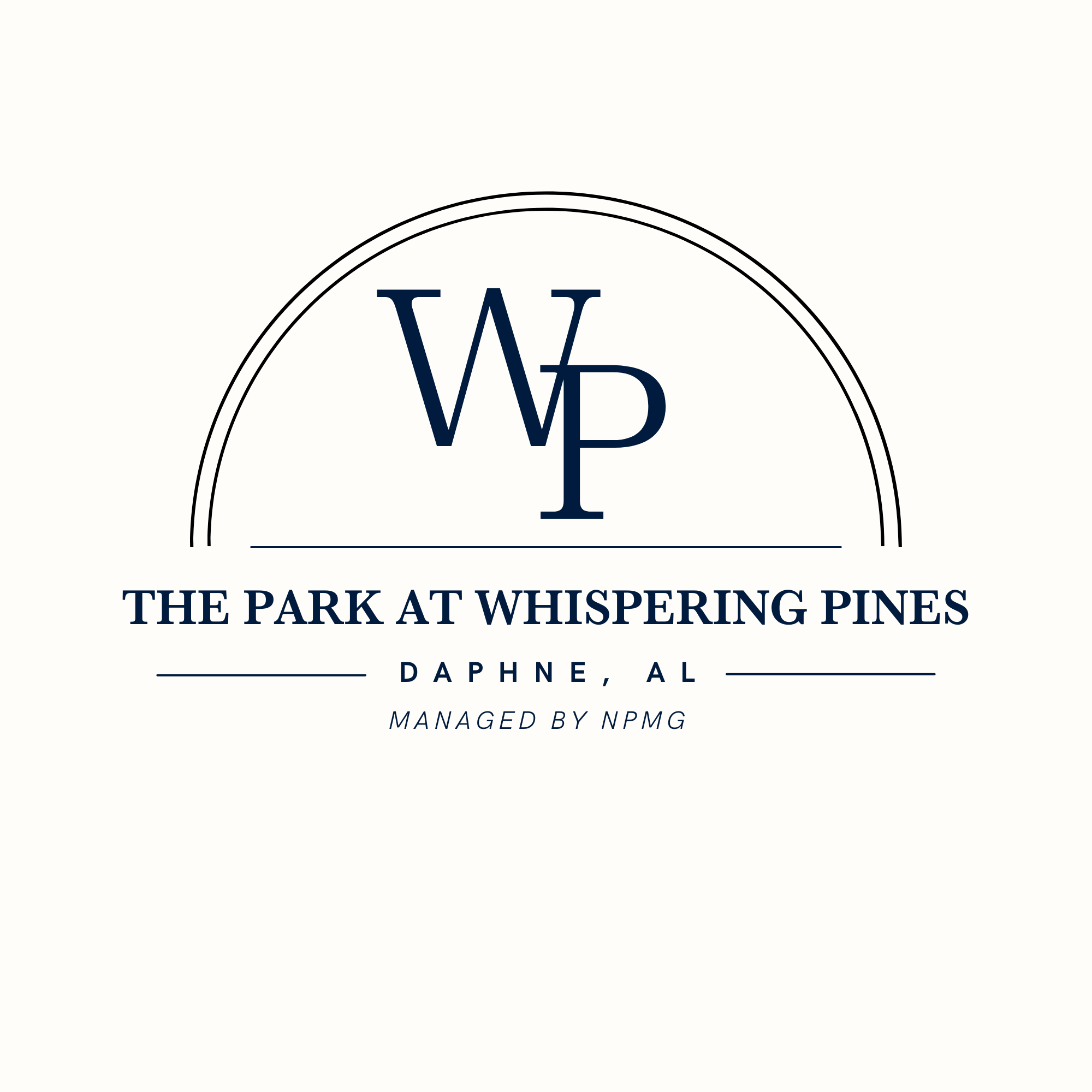 A logo with the text "The Park at Whispering Pines" and "Daphne, AL" below it.
